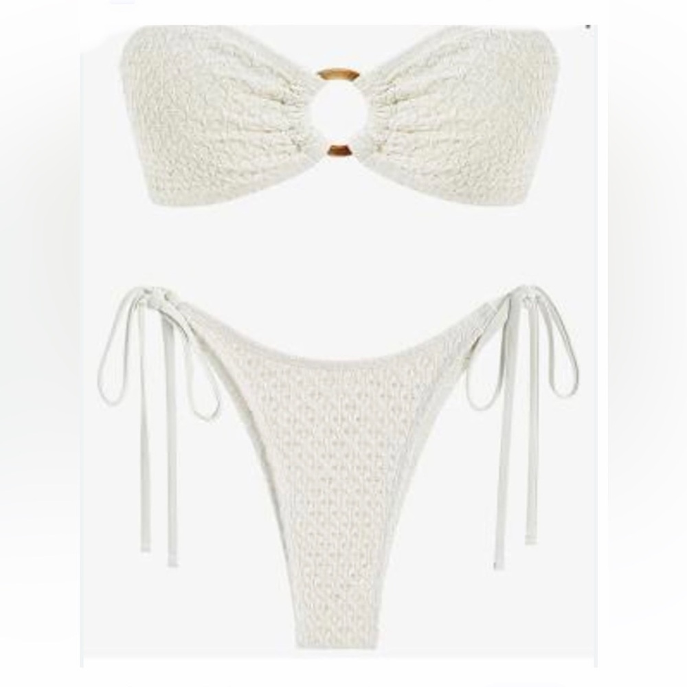 Zaful Womens Cream Crochet Bandeau Bikini with Ring Accent 2Piece Swimsuit Set M